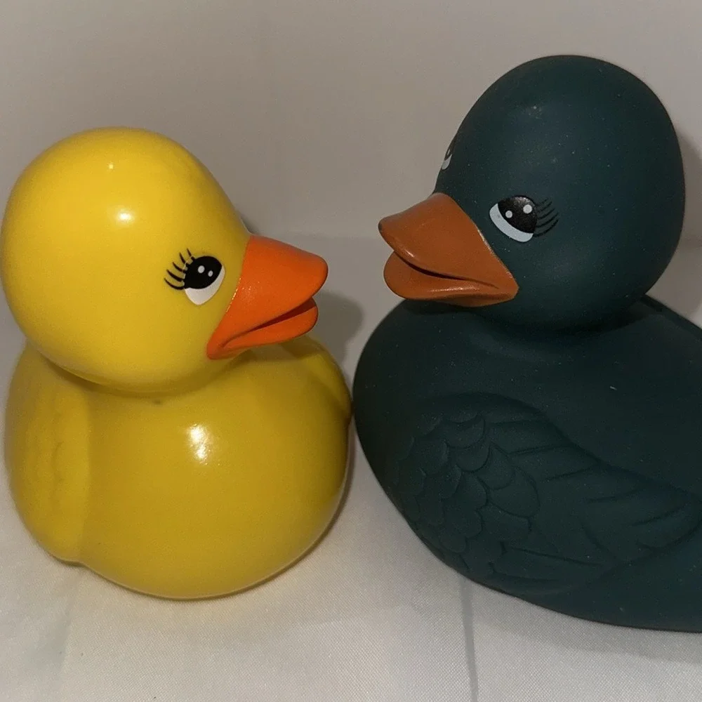 Set of 2 Rubber Ducks Yellow Glossy and Dark Matte Teal Bath Toys Collectible